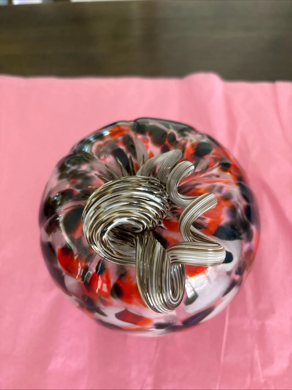 Handblown Glass Clear With Orange Black White Spots Pumpkin